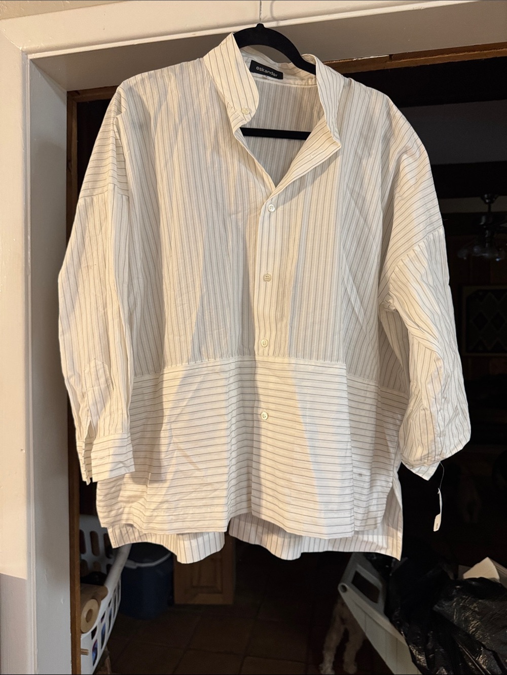 eskandar White Striped Relaxed Button-Down Shirt